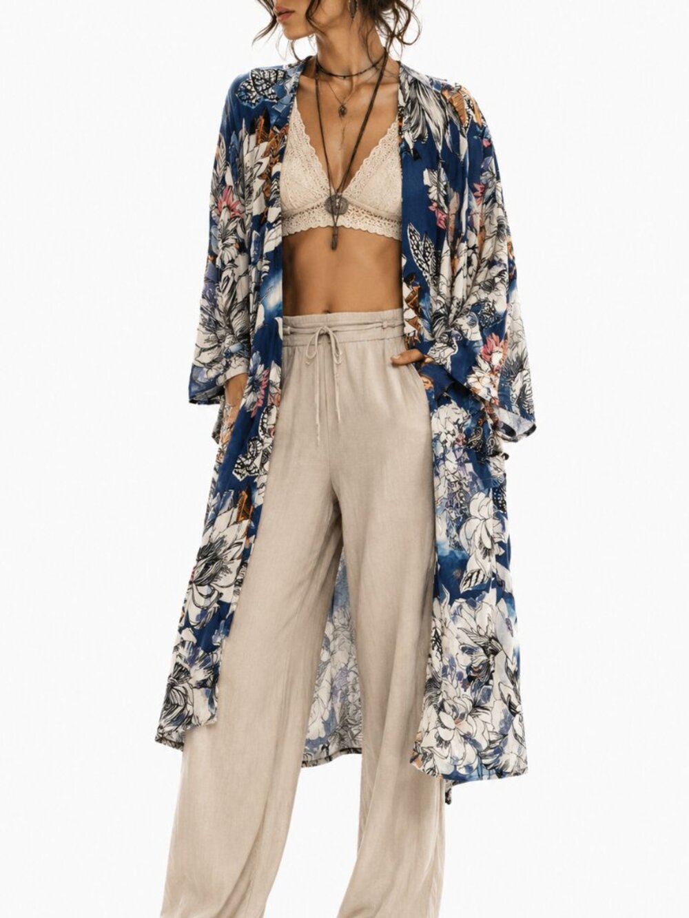 Jaase Women's M Floral Kimono Open Front Duster Artsy Boho Resortwear Maximalist